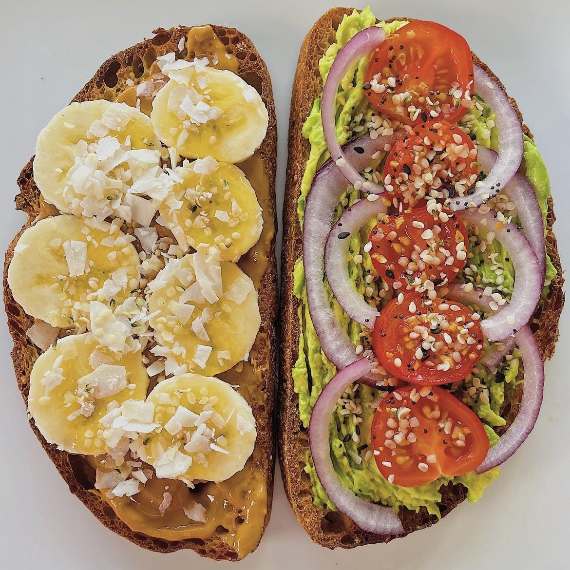 peanut butter-banana and avocado toasts